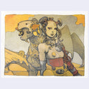 Risograph print in orange, yellow and greenish-gray tones of a woman with mechanical elements coming off her head, posting in front of a dog/dragon creature with a metal helmet.