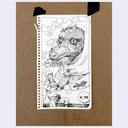 Ink drawing on white sketchbook paper, taped to a kraft colored piece of board. The drawing is of a dragon character wearing a hood, with a smaller alien person in a futuristic space suit in the bottom left corner.
