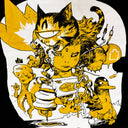Yellow and white graphic design of a person with a part robot body, a one-eyed cat atop its head and a penguin and old man octopus creature at its side.