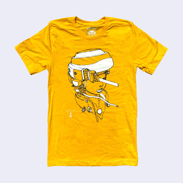  Front side of bright yellow t-shirt. Black line sketch with subtle white coloring of an android girl with a hot pot machine headwear. Artist's signature is printed near bottom left.