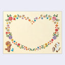 Illustration of two animals with a floral border shaped like a heart on a beige background