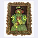 Illustration of a green witch woman, with thick and wavy orange hair, a staff and a green monster atop her head. She poses for a Victorian-era portrait with witch head shoulder pads and a Shakespearean collared dress.