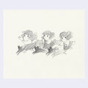 Pencil drawing of 3 girls in dresses, running alongside black dogs.