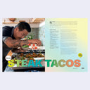 2 page book spread of Chef Choi sprinkling cilantro on top of tacos, with a recipe of steak tacos.