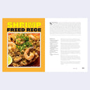 2 page book spread of a photo of shrimp fried rice, with the accompanying recipe on the next page.
