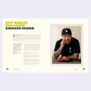 2 page book spread of a photo of Chef Choi eating a chicken wing, with the accompanying recipe on the next page.