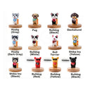 Set of dog figurines with labels indicating breed and color on a white background