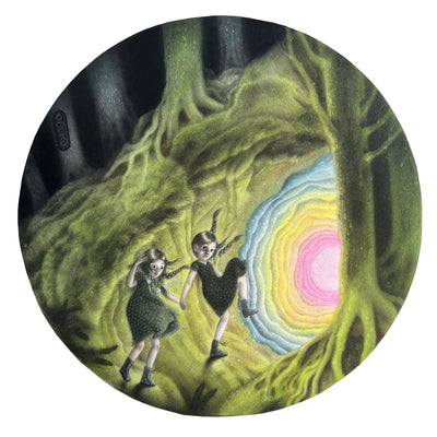 Illustration on round panel of a night forest setting, featuring a cave emitting a green glow and its entrance walls lined with blue, yellow and pink coloring. 2 girls in dresses and windblown hair walk towards the entrance.