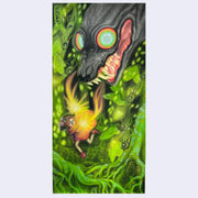 Illustration on tall rectangular panel of a large wolf head, with crazy rainbow eyes and a gnarled expression. Its mouth is ajar and below is a little girl in a red cloak, running and emitting a golden glow from her hands, aimed at the wolf. Around them is a neon green forest setting with fungi, branches and flying fish.