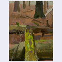 An abstract landscape painting depicting a forest floor with tree trunks, fallen logs, and a prominent bright green-yellow mossy stump in the foreground, rendered in earthy brown, green, and gray tones.