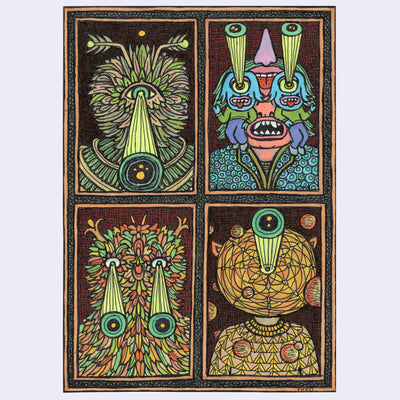 Four-panel artwork with colorful abstract designs on a brown background. Each panel has different characters in portrait mode of sorts.