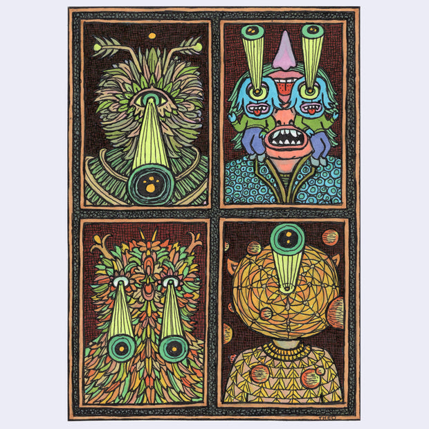 Four-panel artwork with colorful abstract designs on a brown background. Each panel has different characters in portrait mode of sorts.