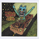 Illustration of a creature driving a car with 'Motion Glory Club' text on a starry night background