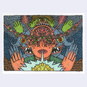 Colorful abstract artwork with a central face and outstretched hands on a blue background