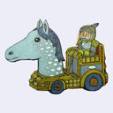 Illustration on a die-cut wooden panel of a knight riding in a cart with a giant horse head coming out of the front of the cart, where the engine would be. The horse is blue with white cloud patterning.