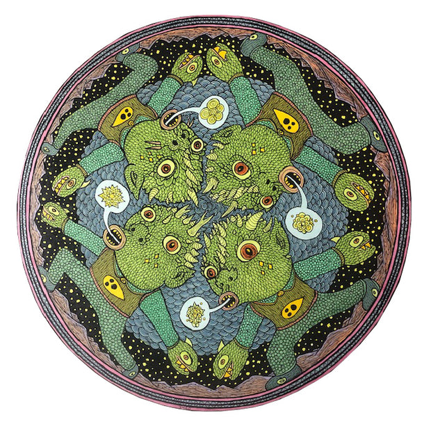 Mixed media illustration on a circle panel of 4 green goblin creatures, with large heads and many horns, standing on different positions around the circle, looking like a mandala style pattern. They have green goblin faces on their hands like oven mitts and all have a speech bubble saying different shapes.