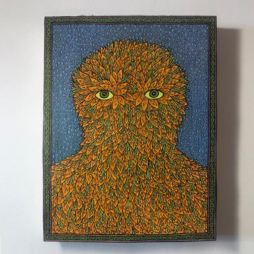 Pattern heavy illustration of a person, covered completely in green and orange leaves, only their eyes visible. They are seen from the torso up.