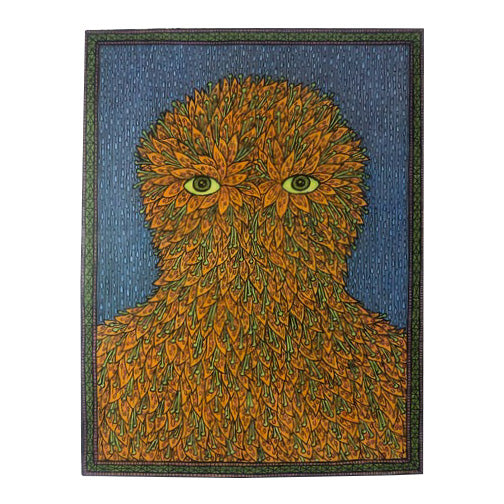Pattern heavy illustration of a person, covered completely in green and orange leaves, only their eyes visible. They are seen from the torso up.