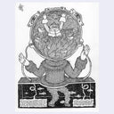 Black and white illustration of a creature opening its mouth Iwith another creature inside.