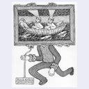 Illustration of a person with a painting on their head, depicting two people in a boat with fish.