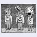 Illustration of 3 small monster children, standing in a wallpapered room wearing sweaters and pants.