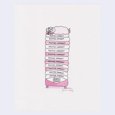Illustration of a small cartoon character resting atop of many matresses like the princess and the pea, with "positive comment" written on all the matresses and "slightly negative comment" as a ball/pea at the bottom.