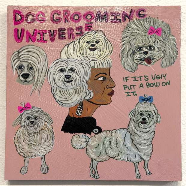Illustration of a woman with dogs around her head, titled 'Dog Grooming Universe'.