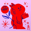 A stylized red cartoon character holding a red rose, outlined in dark blue, on a light lavender background with small red decorative marks.