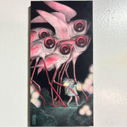 Illustration on tall rectangular panel of a little girl wearing a blue hooded cloak, walking in the dark with a bright lantern. Towering above her are many pink winged fish, with legs akin to flamingos. Their eyes are also pink and shine in the reflection.