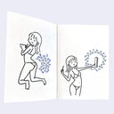 Open book spread of 2 pages, both featuring a simple line art illustration of women writing in notebooks with blue scribbles floating around them.