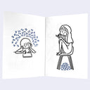 Open book spread of 2 pages, both featuring a simple line art illustration of women writing in notebooks with blue scribbles floating around them.