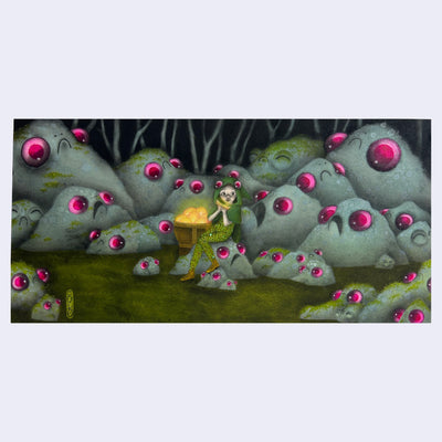 Illustration of a dark forest with many rocks, all with frowning faces and large pink shiny eyes. In the center sits a girl in a green hood and tights. Behind her is a crate holding glowing golden objects.