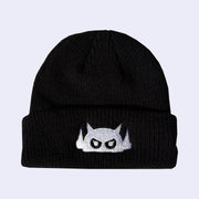 Black beanie with a white embroidered design of a Big Boss Robot head on the front.