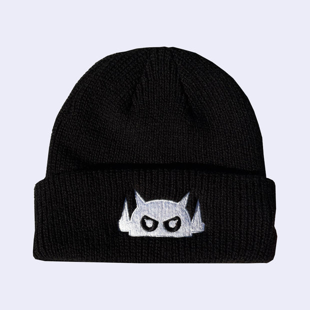 Black beanie with a white embroidered design of a Big Boss Robot head on the front.