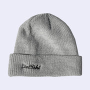 Gray knit beanie with "giant robot" embroidered in cursive on the side.