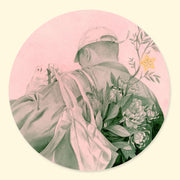 Softly rendered graphite drawing on pink panel of a person with a large jacket, baseball cat and a tote bag over their shoulders. They face away from the viewer, only a peek of their face can be seen. In their tote is a large bouquet of mum flowers, as well as a branch with a single starfruit on it. Pencil has a subtle green tint and background is a pastel pink.