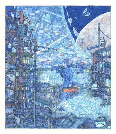 Watercolor illustration of a person dressed in coveralls carrying bars and walking through a sci fi landscape sky city.