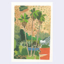 Plein air painting of three palm trees up against a brown hill with sparse greenery. Roofs of houses can be seen at the bottom of the piece.