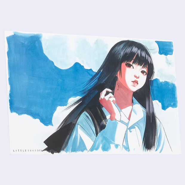 Print of a girl with long black, straight hair dressed in a white dress shirt with her hand hovering near her neck, which has bite marks on it. A blue cloudy sky is behind her.
