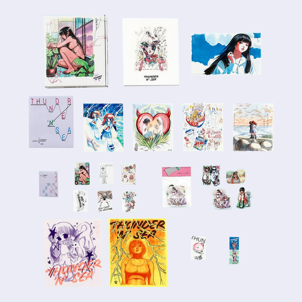 Display showing all the items received with the box set, such as a book, prints, stickers, postcards, and a pin.