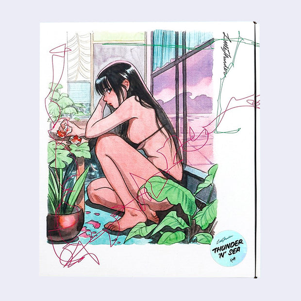 Front cover of box with illustration of a girl in a 2-piece bathing suit, sitting in the ground in a room full of plants with her back to the window which shows a sunset water view..
