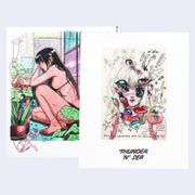Box with an illustration of a woman in a 2-piece bathing suit, sitting on the ground with many plants around her. Next to the box is a book with a cover illustration of a girl with many eyes drawn over her face.
