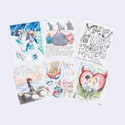 6 postcards featuring illustrations in 2 different styles, mostly of girls with details of food and animals and scenery.