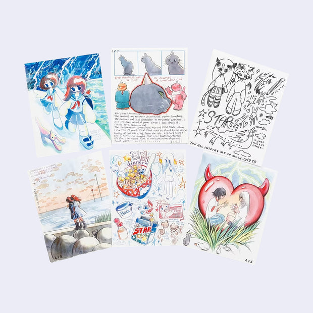 6 postcards featuring illustrations in 2 different styles, mostly of girls with details of food and animals and scenery.