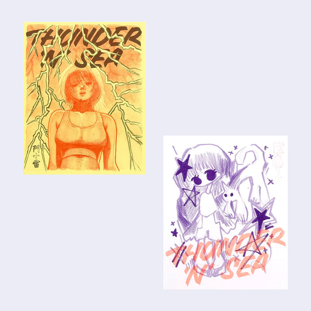 2 risograph prints, one on yellow paper of a buff woman wearing a sports bra, seen slightly from below. Thunder strikes behind her. The other print is of a cartoon girl with a cat.