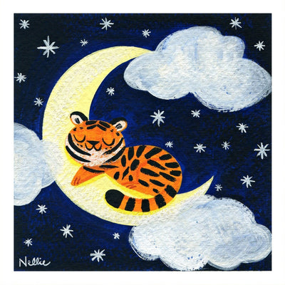 Illustration of a cute cartoon tiger resting on a crescent moon in a cloudy night sky.