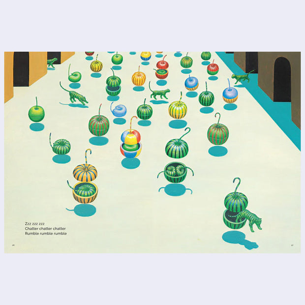 Colorful illustration of various fruits and animals on a white background