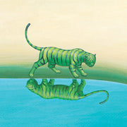 Page excerpt from picture book featuring an illustration of a tiger colored like a watermelon, looking at its reflection in water.