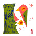 A colorful art print featuring a stylized green tiki cup with a blue eye on the left and a pink bird with yellow and green details on the right, set against a white background.