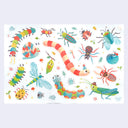 Colorful illustration of various insects and worms on a white background